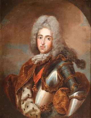 Circle of Hyacinthe Rigaud (French, 1659-1743), Half Length Portrait of a Gentleman wearing Armour, an Ermine Cloak and the Order of the Golden Fleece, probably Leopold Duke of Lorraine, 18th century oil on canvas, relined 34cm x 26cm, within a gilt composition frame.