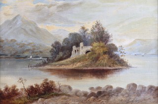 Wilson, British School, "Romantic Landscape" 19th century oil on canvas, signed recto, titled label verso, 38cm x 58cm, within a gilt composition frame.