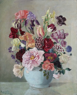 Ina Kynaston Newbery, Still Life with Flowers in a Vase, 20th century oil on canvas, signed and dated "49 recto, Bourlet label verso, 60cm x 49cm, within a swept painted composition frame. Note: Ina Kynaston Newbery was the pseudonym of Mrs. J. A. Newbery of Shelton, Bedfordshire. She exhibited with the Society of Women Artists and was a regular contributor to exhibitions at the Luton Museum & Art Gallery.