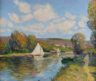 Follower of Claude Monet, Sailing Vessels on a River, 20th century oil on canvas board, 36cm x 42cm, within a painted composition frame.