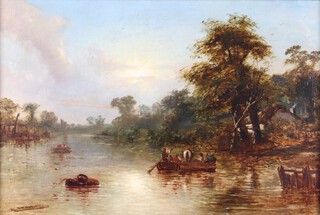 Richard B. David (act.c.1866-1870) River Landscape with Figures in a Rowing Boat and Thatched Cottage beyond, 19th century oil on canvas, signed, relined, 50cm x 75cm, within a gilt composition frame.