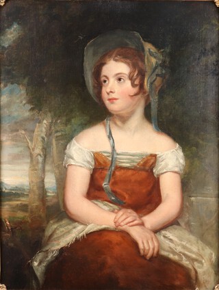Circle of William Beechey, Three Quarter Length Portrait of a Young Girl wearing a Bonnet, oil on canvas, relined, labels verso, 88cm x 67cm, within a gilt composition frame with applied plaque.	