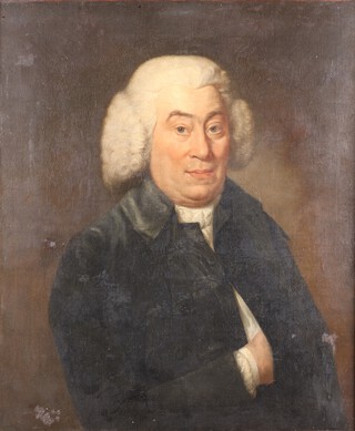 Circle of Joshua Reynolds, Half Length Portrait of a Gentleman wearing a Periwig, dark Jacket and white Stock, possibly Dr Samuel Johnson, 18th century oil on canvas, Christies stencil verso, relined, 75cm x 62cm, within a gilt composition frame.