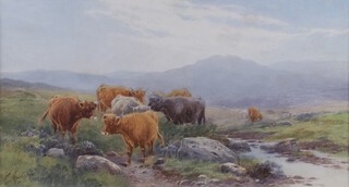 Tom Rowden (1842-1926), Highland Cattle near a Mountain Stream, watercolour, signed and dated 1903, 30cm x 55cm, within a gilt frame.