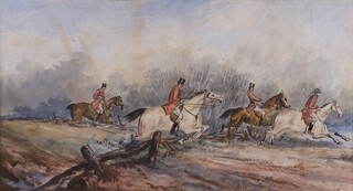 Circle of Thomas Ivester-Lloyd, Huntsmen on Horseback clearing a Fence, late 19th/early 20th century watercolour, indistinctly signed, 24cm x 45cm, within a gilt frame
