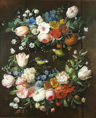 Thomas Webster, Still Life with Garlands of Flowers and Garden Birds, 20th century oil on board, signed, 74cm x 62cm, within a stained wood frame.