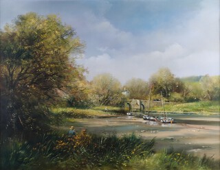 **Ted Dyer (b.1940), Cornish Estuary, late 20th/early 21st century oil on canvas, signed, 69cm x 90cm, within a painted composition frame ** Please note - Artists Re-sale Rights may be payable on this lot