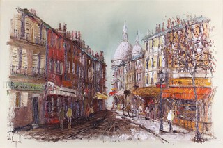 John Bampfield (b.1947), Paris Street Scene with Sacre Coeur, 20th century oil on canvas, signed, 60cm x 90cm, within an ebonized frame.