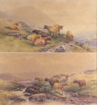 Tom Rowden (1842-1926), Highland Cattle near a Mountain Path, and Wild Ponies near a Mountain Stream, a pair of watercolours, both signed and dated 1901, each 30cm x 55cm, both within gilt frames.