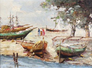 Alberto Corsini, Mediterranean Harbour Scene, 20th century oil on canvas, signed, 28cm x 38cm, within a gilt frame.