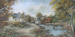 Gwyneth Tomos, Landscape with Farm Buildings near a River, 20th century oil on canvas, signed, 29cm x 59cm, within a painted and hessian frame.
