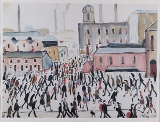 L.S. Lowry, "Going to Work", 20th century colour print, unsigned, editioned 619/850 in pencil, 43cm x 58cm, within a faux wood frame