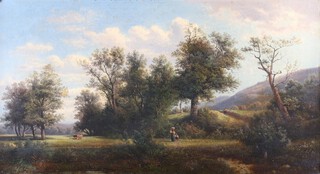 Anton Perko (Austrian, 1833-1905), Landscape with Cattle and Figures, 19th century oil on canvas, relined, signed, 50cm x 92cm, within a gilt composition frame.