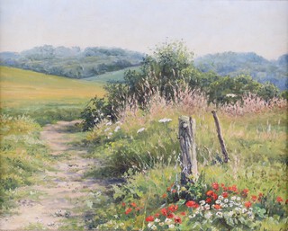 **Mervyn Goode (b.1948), "High Summer Downs", oil on canvas, signed recto, titled and dated 1987 verso, 18.5cm x 23.5cm, within a hessian and silvered frame ** Please note - Artists Re-sale Rights may be payable on this lot