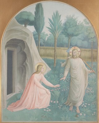 After Fra Angelico (c.1395-1455), Christ and Mary Magdalene in the Garden, chromolithograph, published by The Arundel Society circa 1870, 47cm x 37cm, within an arched mount and ebonised frame. 