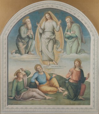 After Perugino (c.1446-1523), The Transfiguration, chromolithograph, published by The Arundel Society circa 1877, 56cm x 49cm, within an arched mount and ebonized frame.	