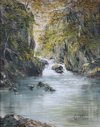 Gwyneth Tomos, River Landscape with Waterfall, 20th century oil on canvas, signed, 49cm x 39cm, within a hessian and painted wood frame.
