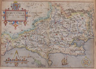 William Kip, "Dorcestriae Comitatis Vulgo Dorsett" (Map of the County of Dorset), 17th century engraving with later hand-colouring, 28cm x 40cm, within a Hogarth style frame.	