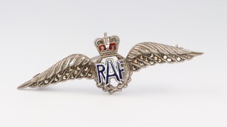 A silver RAF sweetheart brooch in the form of pilots wings