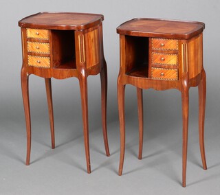 A pair of 20th Century quarter veneered and crossbanded Kingswood tables of serpentine outline, fitted a recess and 3 drawers, raised on cabriole supports 74cm h x 39cm w x 30cm d 