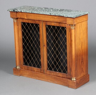 A Regency inlaid brass chiffonier with green veined marble top, fitted adjustable shelves enclosed by grilled panelled doors 89cm h x 104cm w x 34cm d 
