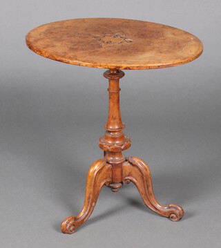 A Victorian inlaid and figured walnut quarter veneered occasional table, the top with floral inlay, raised on turned column and tripod base 65cm h x 62cm w x 44cm d 