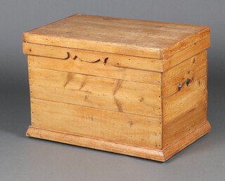 A 19th Century pine trunk with hinged lid and original iron hinges, brass drop handles to the side, raised on a platform base 58cm h x 81cm w x 50cm d 
