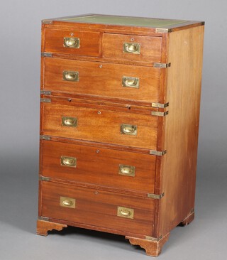 A 20th Century mahogany military chest of 2 short and 1 long drawers above brushing slide, the base fitted 3 long drawers, having a green inset writing surface,  raised on bracket feet 116cm h x 69cm w x 57cm d 