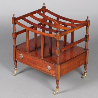 A reproduction Victorian mahogany 4 section Canterbury, the base fitted a drawer, raised on brass caps and casters 52cm h x 47cm w x 36cm d 