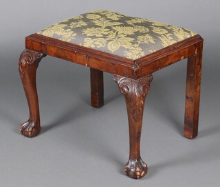 A Queen Anne style rectangular mahogany window seat stool with upholstered drop in seat, raised on cabriole ball and claw supports 48cm h x 64cm w x 47cm d  