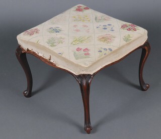 A Victorian carved mahogany show frame stool, raised on cabriole supports with Berlin woolwork seat 41cm h x 52cm w x 52cm d 