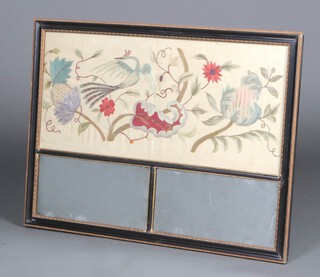 A twin plate mirror surmounted by an embroidered panel of flowers and birds, contained within a Hogarth frame 67cm h x 89cm w 
