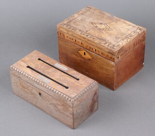 A Victorian bleached rosewood twin section table top letter box with inlaid mother of pearl panels marked "Answered and Unanswered" 10cm h x 23cm w x 10cm d (sun bleached) together with a Victorian inlaid mahogany twin compartment tea caddy 14cm x 21cm x 14cm (veneers missing in places, sun bleached)
