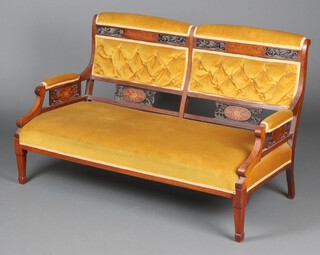 An Edwardian inlaid rosewood double chair back settee upholstered in gold coloured material, raised on square supports with spade feet 80cm h x 131 cm w x 58 cm d 