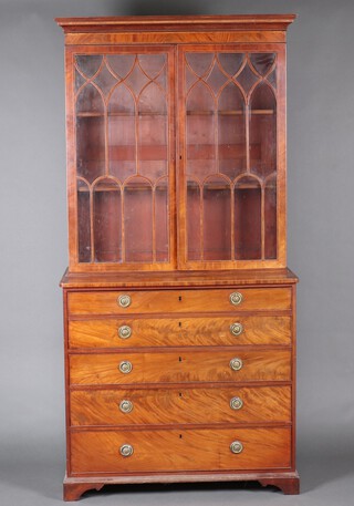 A Georgian inlaid mahogany secretaire bookcase with moulded cornice, fitted adjustable shelves enclosed by astragal glazed panelled doors, the base with secretaire drawer fitted pigeon holes and numerous drawers with ivory handles, above 3 long drawers, raised on bracket feet 232cm h x 109cm x 57cm d   With non-transferable standard ivory exemption declaration number XPDXXJW2