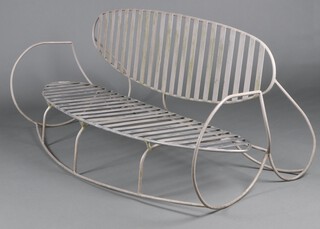 A mid Century solid metal slatted garden bench 82cm h x 197cm w x 63cm d