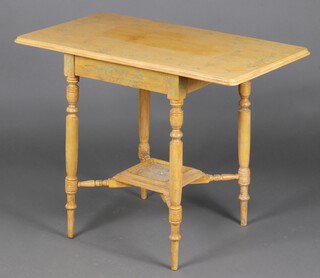 An Edwardian rectangular yellow and turquoise painted occasional table, decorated swags, raised on turned supports with square undertier 71cm h x 92cm w x 54cm d 