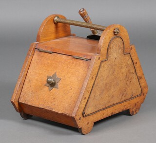 A Victorian oak and inlaid figured walnut wedge shaped coal box with zinc liner and brass shovel 40cm h x 50cm w x 32cm d 