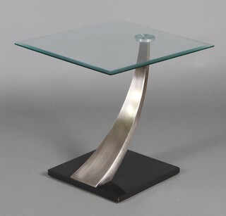 A mid-century rectangular plate glass occasional table, raised on a brushed steel shaped support 58cm h x 60cm w x 56cm d 