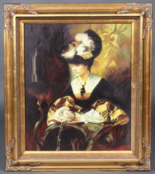 A coloured print on canvas, study of a seated noble woman with bible and rosary 60cm x 40cm, contained in a decorative frame 