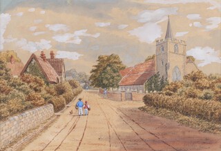 British School, Village Scene with Church, Road and Figures, 19th century watercolour, 23cm x 34cm, within a gilt frame.
