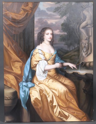 James Ferguson, a coloured print on canvas, study of a noble woman in a blue gown 101cm x 76cm, unframed