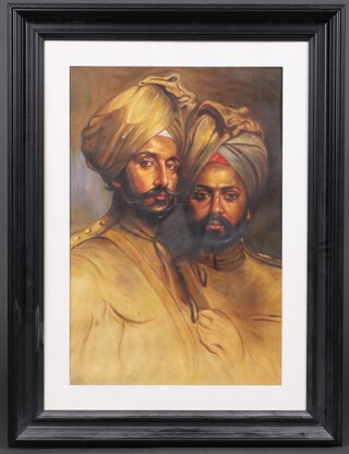 A coloured print, study of 2 standing Indian First World War Army Officers 69cm x 46cm, contained in an ebonised frame 