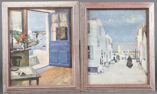 After R White, 2 coloured prints "The Doorway" and "A Street Scene" 55cm x 45cm 