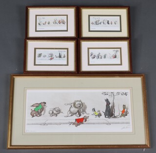 After Boris O'Klein, from the "Dirty Dogs of Paris" series, an amusing coloured print  "A La Queue" 18cm x 45cm, together with 4 smaller ditto 7cm x 14cm 