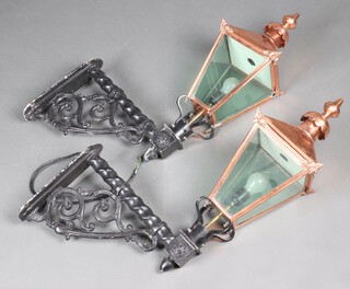 A pair of Victorian style aluminium and coppered wall lanterns with wall mounting brackets 73cm x 48cm  (1 a/f)
