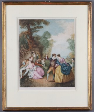 William J Allingham. after Jean-Baptiste Joseph Pater, "The Dance" an early 20th Century mezzotint, signed in pencil,  36cm x 29cm, within a gilt frame