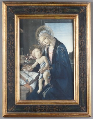 Medici Society, after Botticelli, "The Virgin and Child", a 1912 colour print, titled label verso, 40cm x 27cm, within a parcel gilt and painted cassetta frame