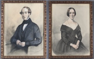 After Sir Daniel Macnee, portraits of a lady and gentleman, a pair of late 19th century prints with hand-colouring, 47cm x 36cm, both within gilt composition frames