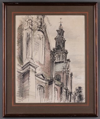 D'Arcy, Westerkerk, Amsterdam, 20th Century pen and ink with pastel, signed, 35cm x 28cm within a stained wooden frame